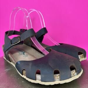 Bionatura Solo Brown Leather Closed Toe Cork Wedge Mary Jane Sandal Sz 9